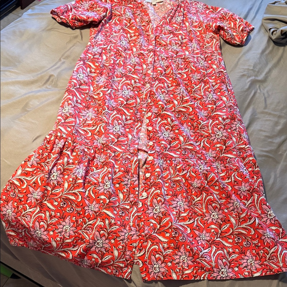 LOFT Red Floral Tiered V-Neck Maxi Dress